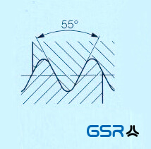 Technische Zeichnung: Britische Whitworth-Gewinde in Zoll angegeben mit 55 Grad Flankenwinkel