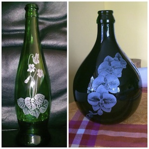 Recycled Green Bottles, glass engraved by Annalisa Tosi