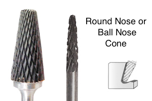 Tungsten carbide round nose or ball nose cone burr