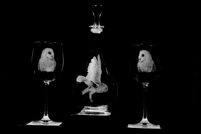 Alan Sinclair, Glass Engraving Owl decanter and glasses